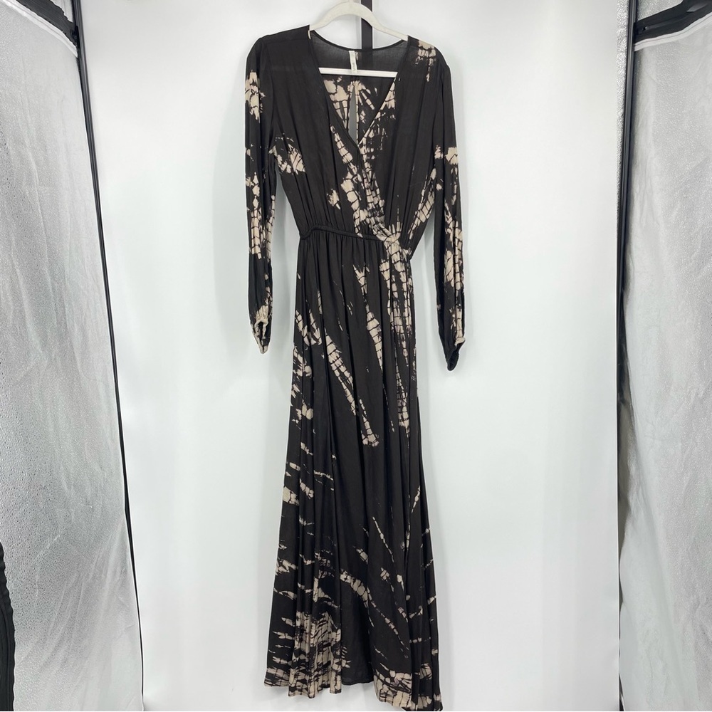 Elan Sz S Black Boho Tie Dye Flowy Wrap V neck Long‎ Maxi Cover Up Dress slit
